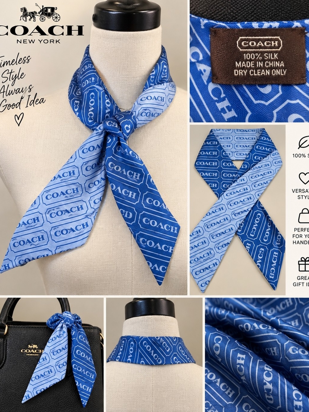 Coach 100% Silk Blue Logo Skinny Scarf Twilly Neck Hair Handbag Purse Tie